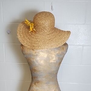 Casual Woven Floppy Beach Sun Hat with Yellow Flower Pin Accent